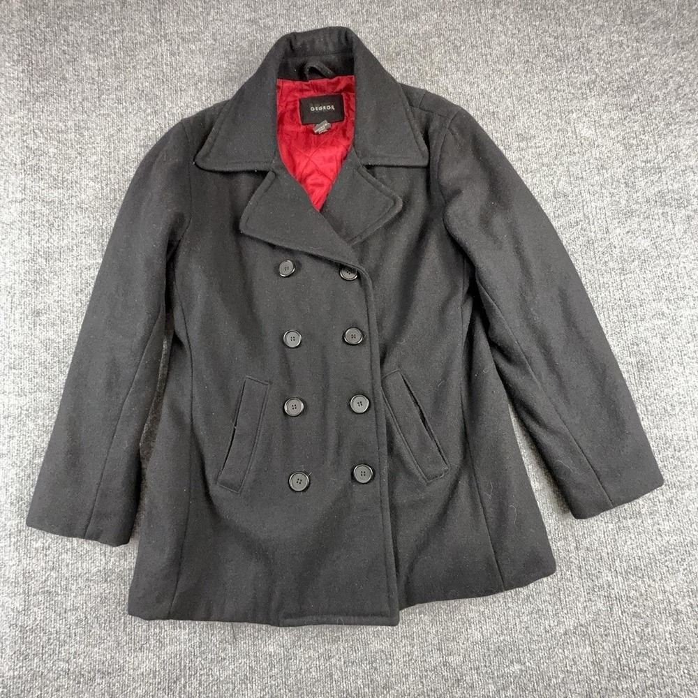 George Pea Coat Womens Large Black Wool Double Breasted Red Lined Mid Length